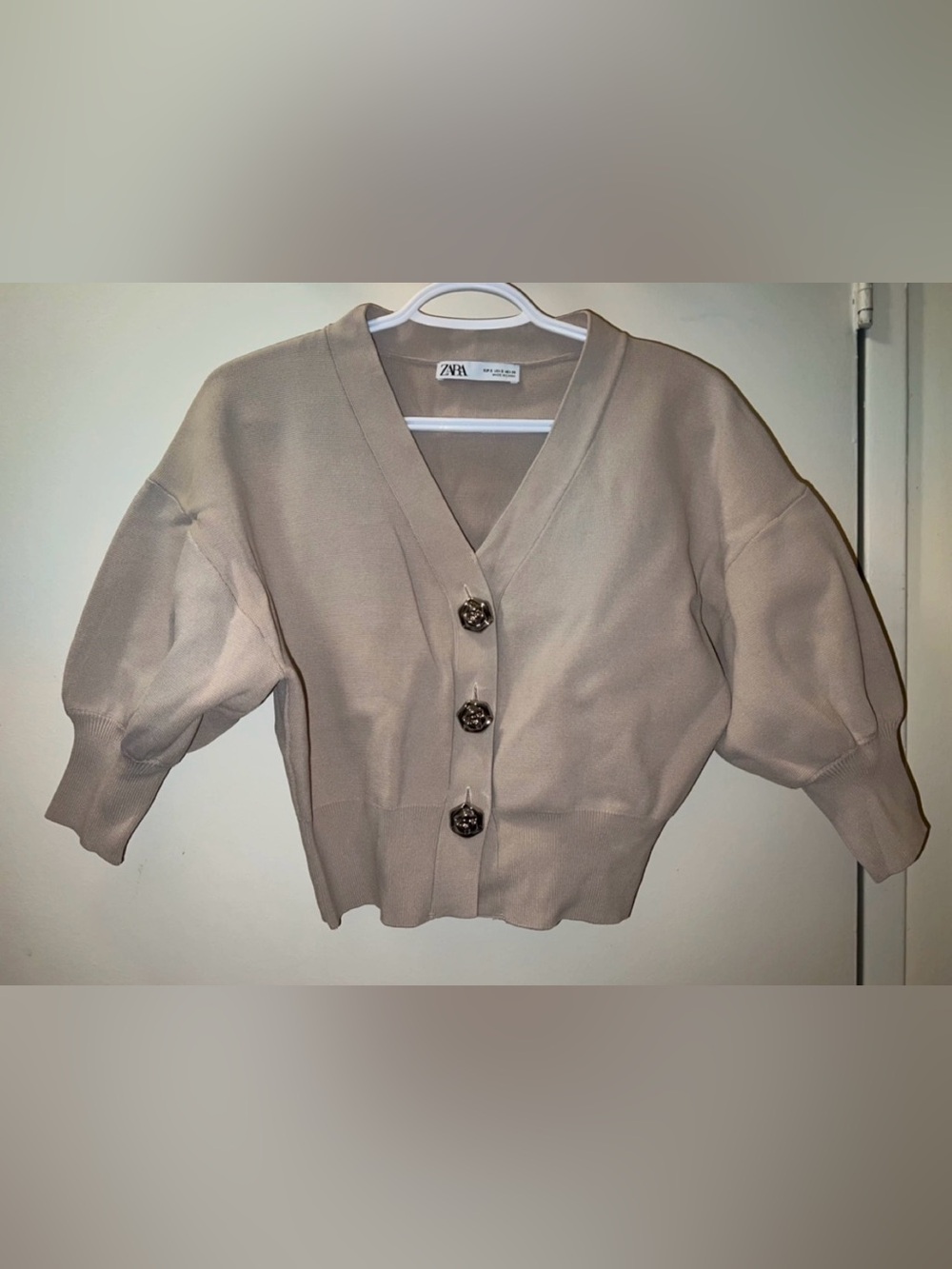 Zara Taupe Cropped V-Neck Button Cardigan
